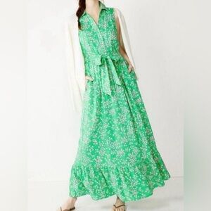 Draper James RSVP linen cotton dress maxi green pink floral XS